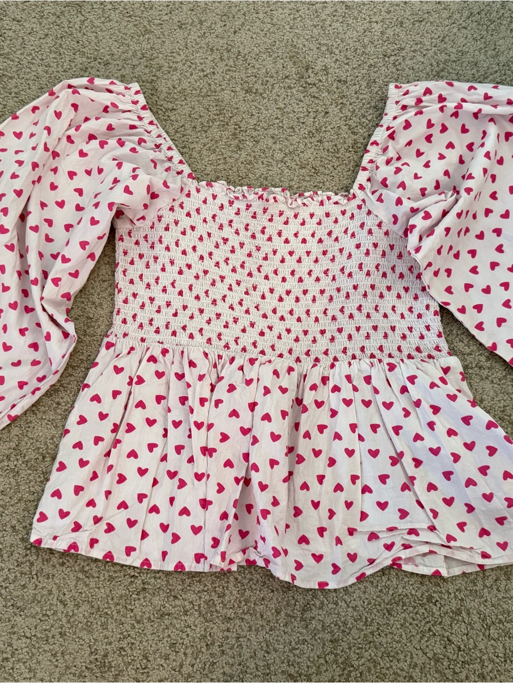 Smocked White Top with Pink Heart Print